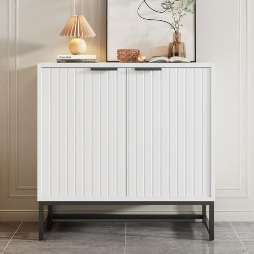 Hefo Sideboard, Doppelschicht Küchenschrank mit 2 Türen und Eisenhalterung, Weiß buffetschrank Buffet, TV Board, Aufbewarhungsschrank für Küche, Esszimmer, Wohnzimmer, Flur