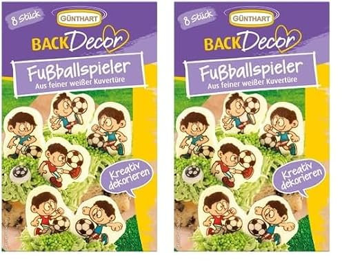 Günthart BackDecor 8 essbare Schoko Fußballer aus weißer Schokolade, Schokoladenaufleger mit Fußballmotiven für Torten und Cupcakes, 2er Pack (18 gr)