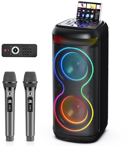 JYX Karaoke Machine with 2 Wireless Microphones for Adults, Big Bluetooth Party Speaker with LED Disco Light, with Bass/Treble Adjustment, Support TWS/USB/AUX/TF, Perfect for Outdoor, Home
