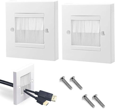 Set de Pasacables para Enchufe, Placa de Pared con Cepillo, Cepillo Placa Frontal para Cable, Pasacables Pared, para Cables Multimedia Elegante Apertura, para PC TV Monitores, 86 * 86mm, 2PC Blanco