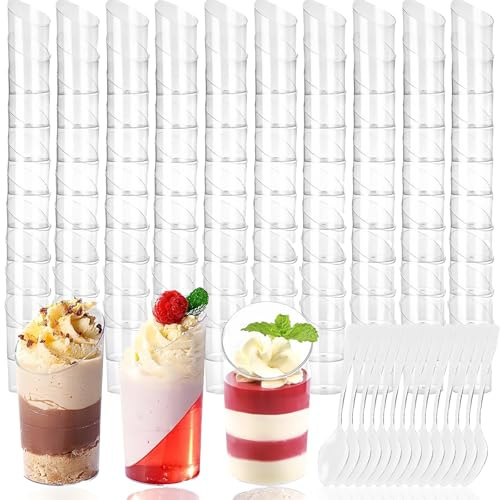 Mini Angled Dessert Cups with Spoons 100PCS, 65ML Modern Round Dessert Cups | Reusable Dessert Pots for Desserts Cocktails Appetizers
