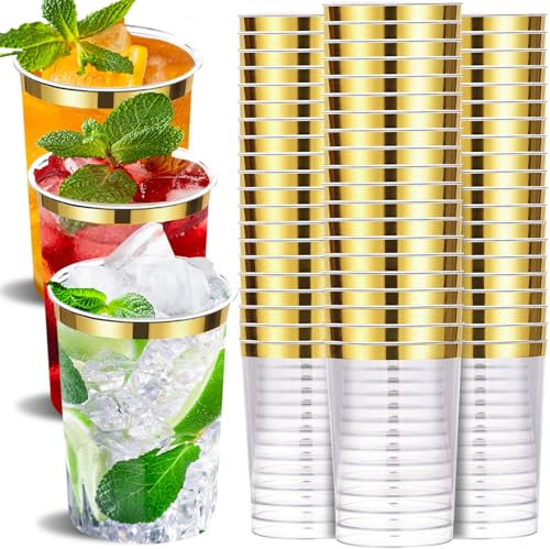 MTINRNI 60 Pièces Tasses à Vin en Plastique Bordées Doré,300 ml Réutilisables Verres à Vin de Fête Élégant,Gobelet Plastique,pour Anniversaires, Barbecues, Mariages