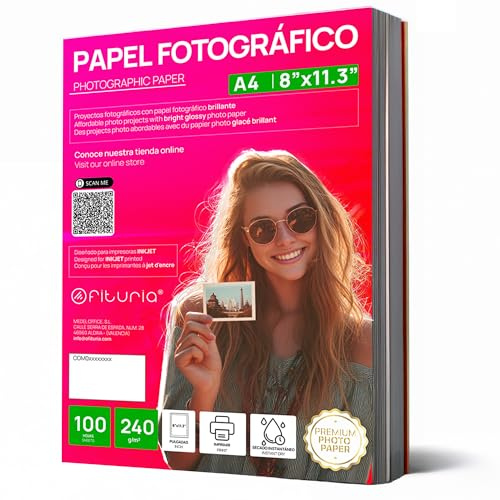 OFITURIA Papel Fotográfico A4 Brillante – Alta Resolución, Secado Instantáneo, 240 g/m², Compatible con Impresoras Inkjet – Papel Fotográfico y Photo Paper para Fotos y Uso Profesional (100 hojas)