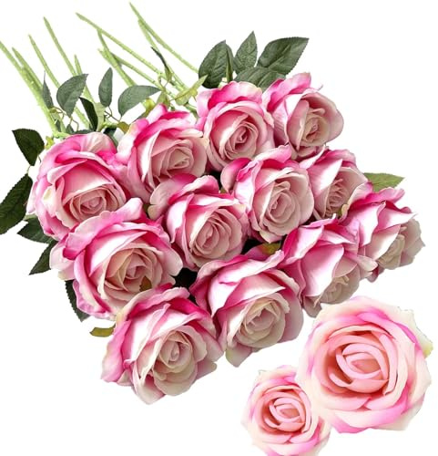 ZYEKIU 12 Pièces Rose Artificielle, 52 cm Fleurs Artificielles Deco, Rose Eternelle, Réalistes Fleur Sechees Decoration, Decoration Voiture Mariage, pour Mariage, Maison, Bouquets de Mariée (Rose)