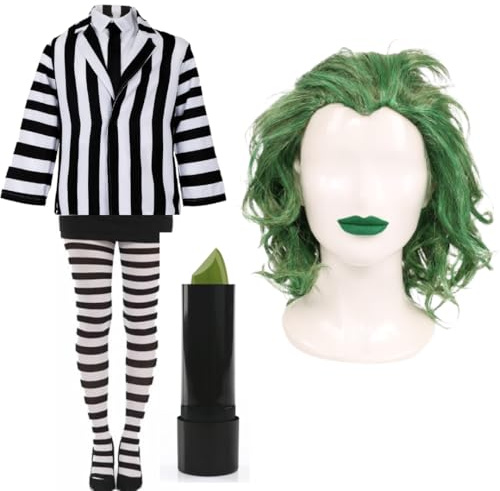 Gestreifte Anzugjacke mit grüner Perücke und grünem Lippenstift - Gruseliges Faschingskostüm für Halloween, Mottopartys, Kostümveranstaltungen, Spukpartys und Cosplay - Groß