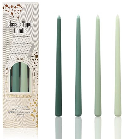 4 Pack Green Taper Candles, 12 Longer Candle Sticks, Smokeless, Dripless, Unscented, 9 Hours Long Lasting, Ideal for Christmas Dinner Candles, Table Decor for Dinner Wedding