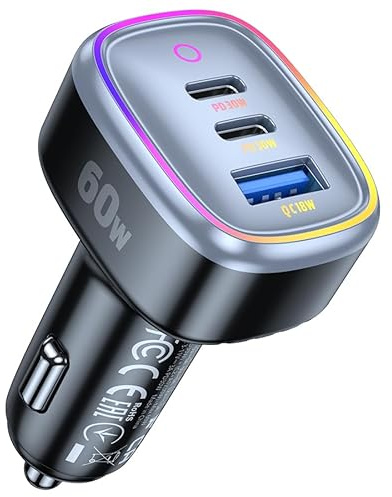 Zigarettenanzünder USB C Kompatibel mit iPhone Samsung PD3.0/QC3.0/PPS 12V 24V KFZ LKW Schnellladegerät RGB-Light Ringkühlung Auto Ladegerät Adapter