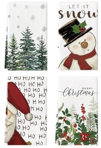 yisight Toallas de Cocina Navidad, 4Pcs Paños de Cocina, 42 x 66 cm Trapos Cocina Algodon, Multiusos Trapos Cocina de Suaves y Absorbentes para Decoracion Navidad Hogar (A)