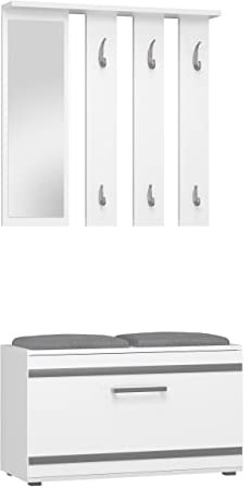 CDF Garderobe Sitzbank 6 Haken Flurgarderobe Weiß für Flure 85x35x180 cm | Komplettset mit Spiegel, Schuhschrank mit 4 Fächern, laminierte Platte 16 mm, für Diele und Eingangsbereich