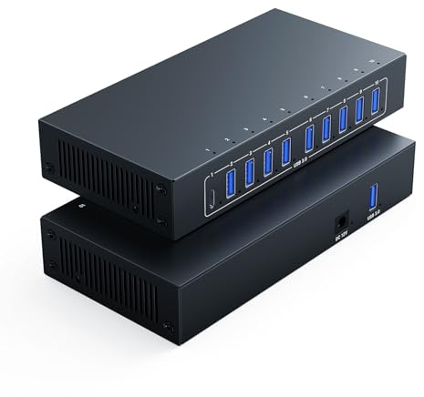 Yinker Hub USB 3.0 de 10 puertos, concentrador de datos USB de alimentación industrial con adaptador de 12 V/3 A, salida de 105 W, divisor expansor USB montable con carcasa de metal resistente