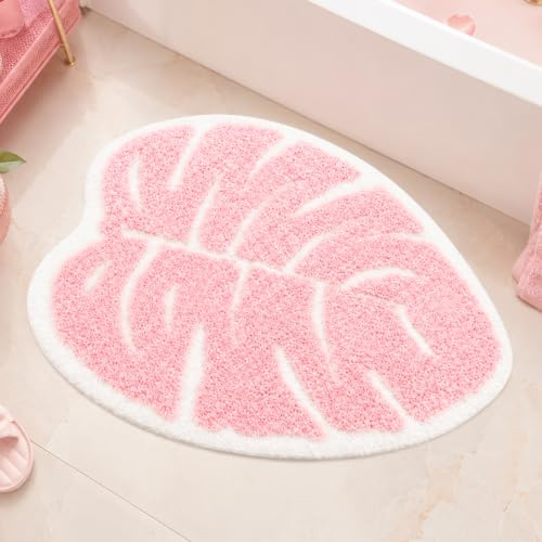 Dermalyx Rosa Blatt Pflanzen Badematte rutschfest Waschbar Mikrofaser, Saugfähiger Badteppich Badvorleger Badezimmerteppich Schnelltrocknend Dusche Badewanne 60x53cm