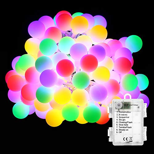 BrizLabs Cadena de Luces 50 LED Guirnalda Luces Batería 8 Modos con Temporizador, Multicolor Resistente al Agua Luces de Bola de Navidad para Exterior,Interior, Casas, Boda, Jardín, Fiesta