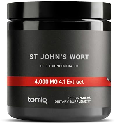 Toniiq 1,000mg Ultra High Strength St. John's Wort Capsules (Non-GMO) - 4X Concentrated Extract - 0.3% Hypericin - Highly Purified and Bioavailable - 120 Capsules