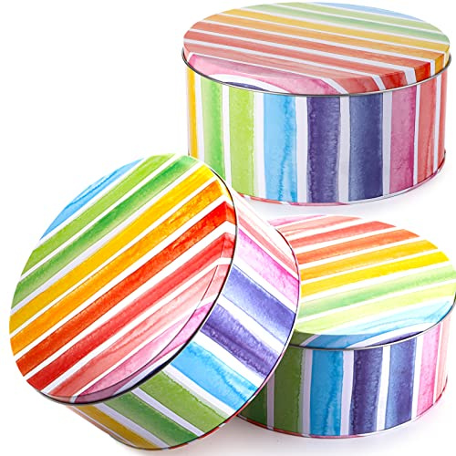 Yopay 3 Pack Cookie Tins, Round Baking Cake Gift Tins for Storing Patisseries, Puff Pastries Craft Supplies, Easter, Special Occasion and Holidays, Rainbow Pattern, 7 W X 3.2 H, Metal