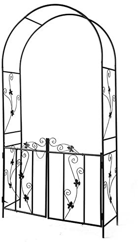 MANG Metall Rosenbogen Mit Tor, Gartenbogen Kletterpflanzen Pergola Spalier Rankhilfe Rankgitter Torbogen Rankbogen 230cm Hoch Schwarz Einfach Zu Montieren