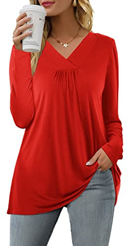 Florboom Long Sleeve T Shirt for Women Tops V Neck Blouse Solid Color Tunic Red 8 10