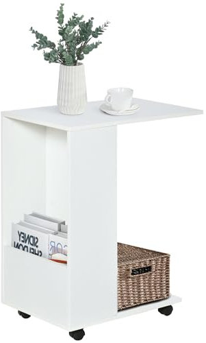 HOMCOM Mobile Sofa Side Table C-Shape End Table with Storage and Casters for Laptop Coffee Snack, White