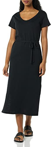 Amazon Essentials Robe t-Shirt mi-Longue, ceinturée, à Manches Courtes Femme, Noir, XL