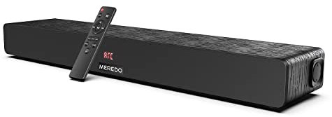 MEREDO Soundbar in legno con subwoofer integrato, 150 W, soundbar per dispositivi TV, all-in-one, altezza e bassi regolabili, ARC/ottico/Aux/BT 5.0 con 5 modalità EQ, home theater, 71 cm (Nero chiaro)