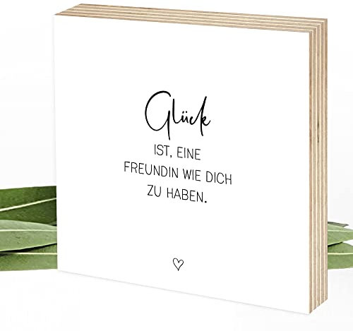 Wunderpixel® Holzbild Glück ist Freundin wie dich - 15x15x2cm zum Hinstellen/Aufhängen, echter Fotodruck mit Spruch auf Holz - schwarz-weißes Wand-Bild Aufsteller Zuhause Dekoration Geschenk-Idee