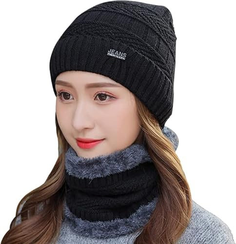 Foryo Winter Warme Mütze Beanie Schal Set Wolle Strickmütze Wintermütze und Loop Schal mit Dicke Fleecefutter für Herren und Damen (Schwarz)