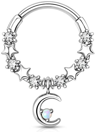 Melighting Mond-Septum-Piercing-Schmuck, 16 g, baumelnde Helix-Ohrringe, Knorpel-Piercing, Septum-Ring, Chirurgenstahl, Scharnierring, Conch-Hoops, Daith-Piercing-Schmuck für Frauen, Opal, Zirkonia,