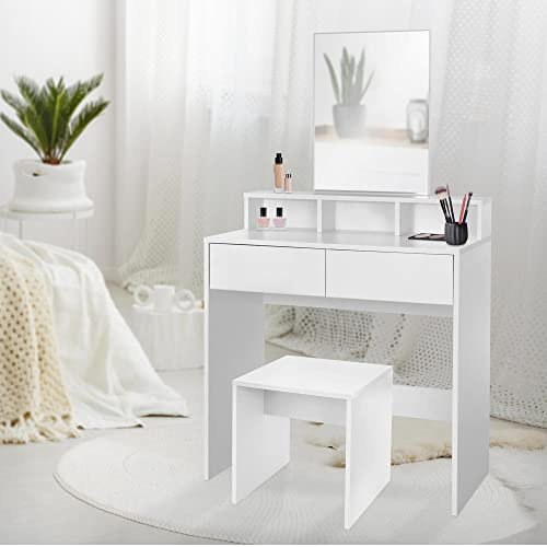ML-Design Schminktisch mit Hocker, Frisiertisch mit Spiegel & 2 Schubladen, 80x40x140 cm, Weiß, Moderne Kosmetiktisch mit 3 offenen Fächern, Frisierkommode Schminkkommode Make-up Tisch Schminkspiegel