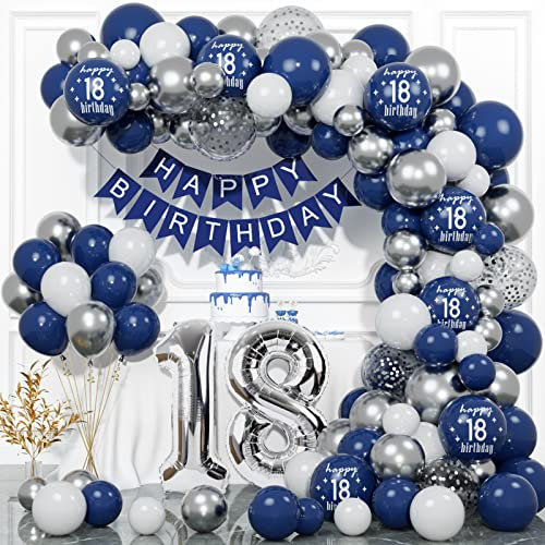 18 Geburtstag Deko, 18. Geburtstag Junge Mädchen, Blau Silber Geburtstagsdeko 18 Junge, Happy Birthday Girlande Luftballon Girlande, Deko 18. Geburtstag Konfetti Luftballons, Birthday Party Deko