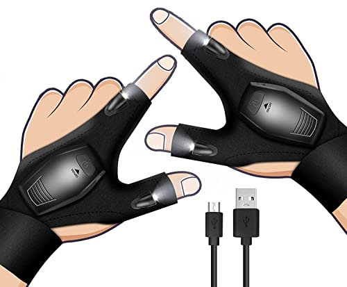 Fydesion Led Flashlight Gloves, Fishing Gloves Gift Rechargeable LED Gloves Gadgets for Men, Fishing Accessories Gifts for Men, Gifts for Dad, Black