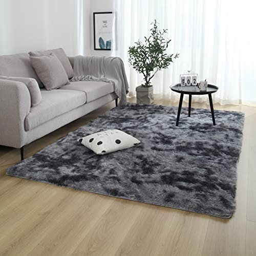 Batik Plüsch Teppich 120x160cm Flauschig Hochflor Anti Rutsch Teppich für Wohnzimmer, Schlafzimmer & Kinderzimmer - Moderner Flächenteppich in Dunkelgrau