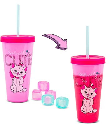 Disney The Aristocats Marie Gobelet de voyage en plastique à couleur changeante – Comprend une paille réutilisable, un couvercle anti-fuite, des faux glaçons – Capacité : 710 ml