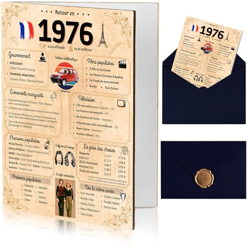 NALKEEZ® Carte Anniversaire 50 Ans, Idée Cadeau Homme, Femme, Couple, Original. Cadeau Humour Fête D’anniversaire. Enveloppe Et Sceau De Cire Inclus.Retour En 1976