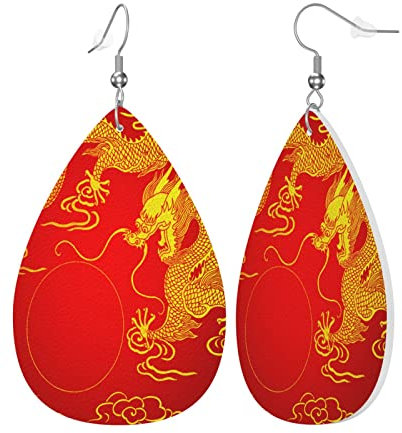 Kunstleder-Ohrringe, Drache, Gold, Japan, China, für Damen, Tropfenform, baumelnde Ohrringe, Schmuck, Geschenk, Einheitsgröße, Leder Polyvinylchlorid