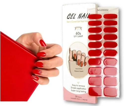 Uljana Nails Gel Nagelaufkleber, 20 selbstklebende halb ausgehärtete UV Gel Nagelfolien, Rot
