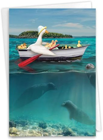 NobleWorks Bon Voyage Grußkarte mit 12,7 x 17,8 cm Umschlag (1 Karte) Abschied, Glück, Spaßenten – Ruderboot C10971GBVG