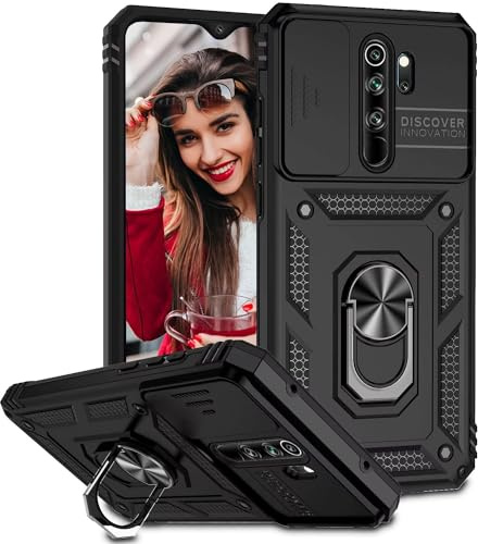 POUHYE Cover per Xiaomi Redmi Note 8 Pro Custodia, Copriobiettivo Scorrevole Antiurto Grado Militare Case con 360° Magnetica Anello Supporto, Hard PC Back e TPU Bumper Cover Nero