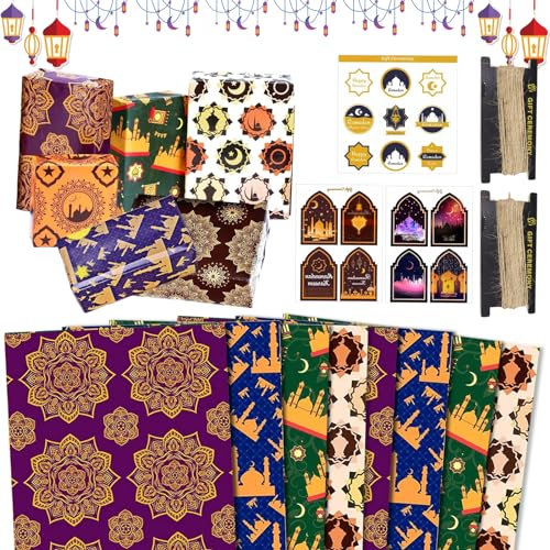 SOETDERT Eid Mubarak Geschenkpapier, 8 Blatt Ramadan Geschenkpapier mit Stern Mond, Ramadan Mubarak Geschenk Verpackung Papier für Islamische Muslimische Geschenkverpackung Dekoration (8B)