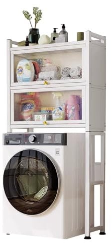 MAGIC SELECT Estantería sobre Lavadora con Puertas Abatibles | Estante de Almacenamiento Impermeable | Estante Organizador Multiusos | Ahorra Espacio con 3 Niveles | Patas Ajustables en Altura