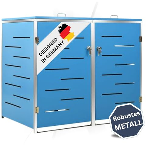 DELUKE 2er Mülltonnenbox JAGU Edelstahl | Blau | 115,5x138x77,5cm | Mülltonnenverkleidung für 2 Tonnen 240L Müllbox aus Metall Mülltonnenschutz Mülltonnendach