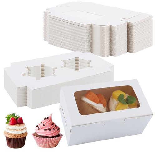 Oungy 100 Pack 2 Hole Cupcake Boxes with Window, 16x9x7.5cm White Cupcake Boxes, Cupcake Carrier Holder with Insert for Cupcakes, Cookies, Brownies, Donuts