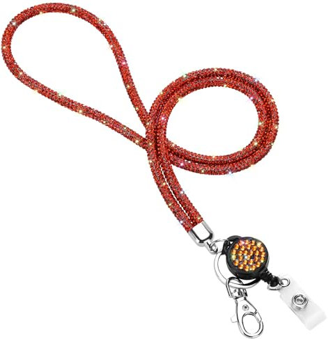 Soleebee Kartenhalter Trageband, Bling Strass Schlüsselband Lanyard mit Schlüsselring Kristall Halsband Damenkette Halskette Kit für Schlüsselanhänger ID-Kartenhalter (Orange mit Ausweis JoJo)