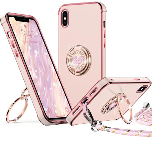 XYZ für iPhone X/XS Hülle mit Band, Herz Doppelring Ständer HandyHülle Handykette Frauen Mädchen Dünn Stoßfeste Anti-Kratzt SchutzHülle für iPhone X/XS Case, Rosa