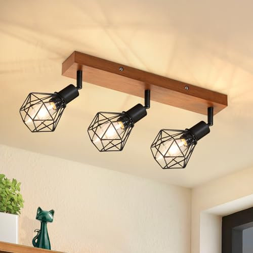 Glitzerlife Deckenstrahler 3 Flammig Schwarz Holz - E14 Denckenspots Retro Deckenlampe Metall Schwenkbar 350° Deckenleuchte Innen MAX.25W für Esszimmer Küche Wohnzimmer Schlafzimmer Ohne Leuchtmittel