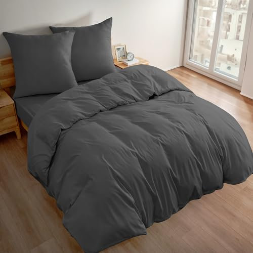 Deconovo Bettbezüge Set Bettwäsche Bettdecke Schlafzimmer Bettbezug Umweltfreundlich mit Reißverschluss 3teilig, 3tlg: 220 * 240cm + 2 x 80 * 80cm, Dunkelgrau