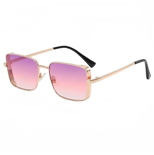 WDZAYXC Klassische Rechteckige Sonnenbrille Retro Metallrahmen Gläser Vintage Rechteck Sonnenbrille für Damen und Herren(Lila rosa)