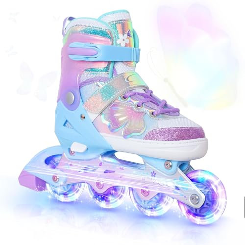 Nattork Kinder Inliner für Mädchen, 4 Größen Verstellbare Kinder Inline Skates, Schmetterling Inline Rollschuhe mit Leuchtenden Rädern für Kinder Mädchen (Violett, 32-36 EU / 205-230 MM)