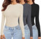 Ekouaer Womens 3 Pack Long Sleeve Tops Crew Neck Shirts Thermal Tops Set Stretch Fitted Underscrubs Layer Tee Black + Dark Grey + Beige M