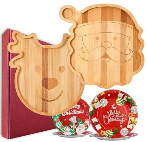 YUANQIAN Lot de 2 planches à charcuterie en bambou avec assiettes en carton de 17,8 cm et 22,9 cm – Motif Père Noël et élan, plateaux de service en bois naturel