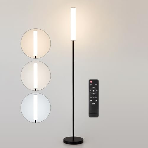 HARPER LIVING Modern LED Floor Lamp with Remote + Touch Control, Black Standing Reading Lamp with Cylinder White Shade, Dimmable & 3 Colors, 168cm Standard Tall Lamps for Living Room Bedroom