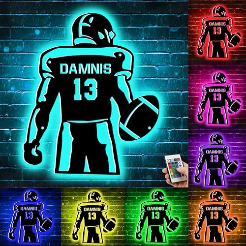 Personalized Football Metal Wall Decor With 16 Colors Changing Led Lights, Custom Name Football Led Neon Light Sign, Football Light Up Sign For Bedroom Playroom, Christmas Birthday Gift (Football)